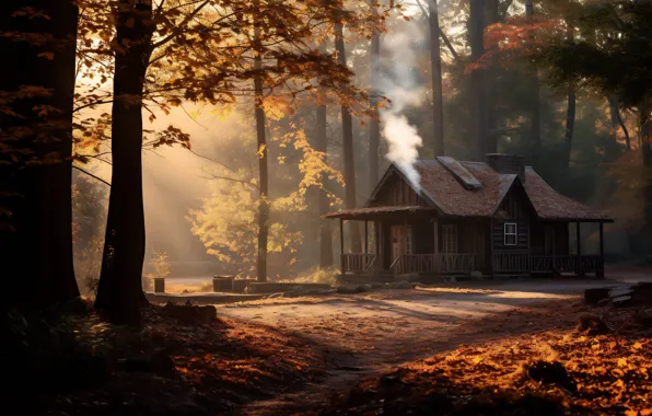 Autumn, forest, the sun, light, trees, fog, house, Park
