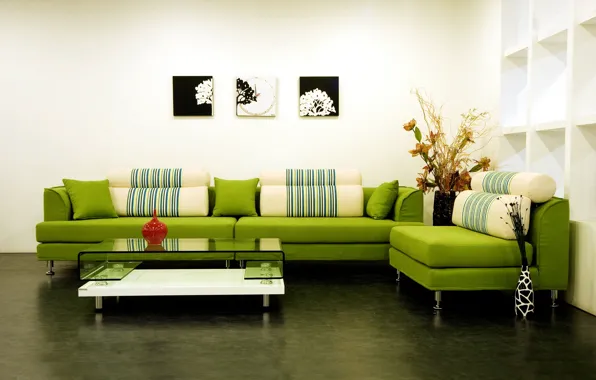 Design, green, style, sofa, interior, pillow, pictures, apartment