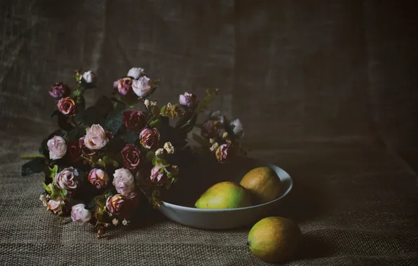 Flowers, roses, bouquet, bowl, still life, pear, burlap