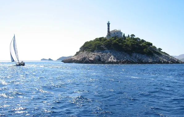 Sea, the sky, rock, boat, lighthouse, island, sail