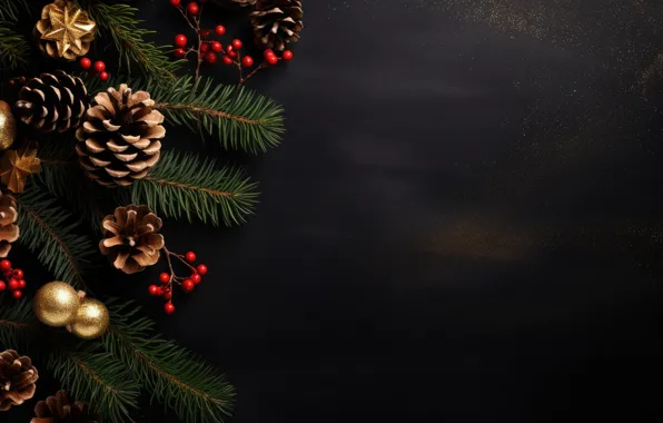 Balls, branches, berries, the dark background, fruit, Christmas, New year, black background