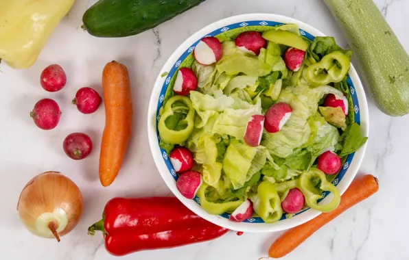 Picture photo, Vegetables, Pepper, Plate, Food, Onion, Carrots, Salad