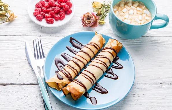 Picture berries, raspberry, Breakfast, pancakes, sauce, chocolate