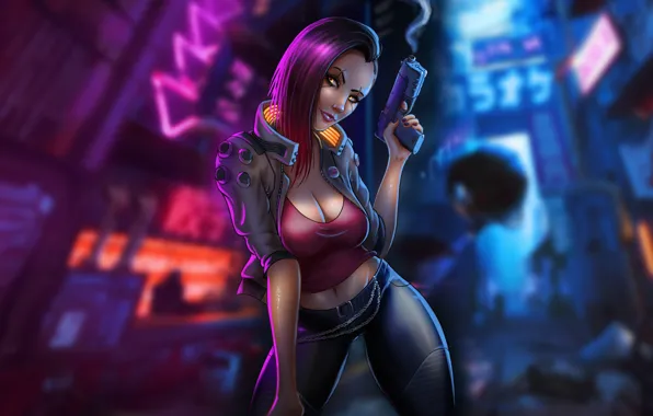Girl, Night, The game, Gun, Weapons, Art, Cyborg, CD Projekt RED