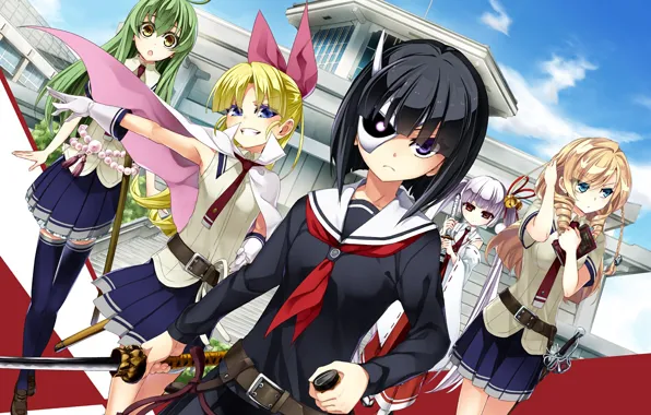 Girl, sword, anime, katana, ken, blade, mask, seifuku