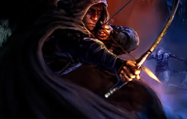 Picture bow, art, hood, arrow, male, cloak, thief