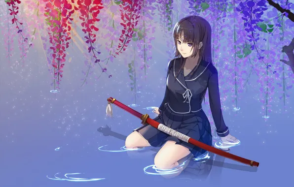 Water, katana, schoolgirl, flowering, long hair, sheath, Isaiah yomi my, Wisteria