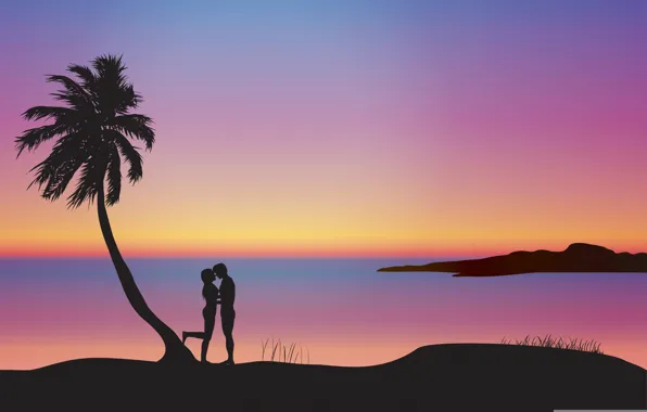 Sunset, Palma, romance, pair, silhouettes, lovers, composition