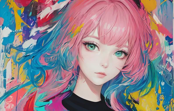 Face, eyelashes, paint, girl, blue eyes, bangs, pink hair, black t-shirt