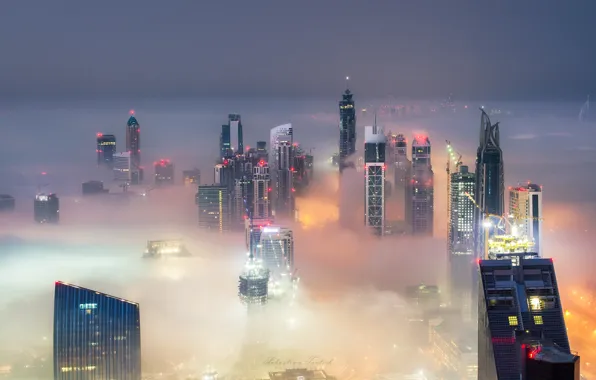 Picture the city, fog, Dubai, skyscrapers, UAE, the top