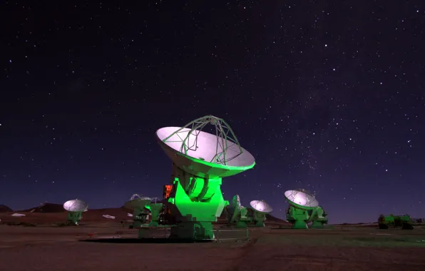 Antenna, Chile, Atacama, radio telescopes, Atacama Large Millimeter Array, ALMA antennas under the Milky Way