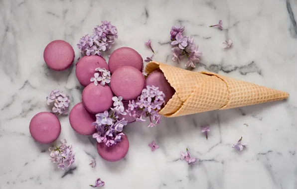 Flowers, Lilac, sweet, dessert, Cookies, Anna Verdina, macaron, waffle cone