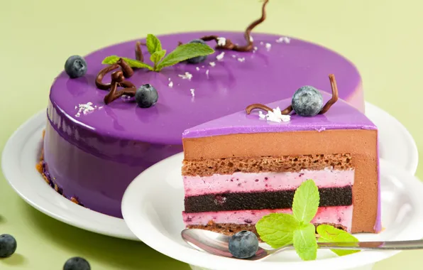 Cake, mint, glaze, blueberries