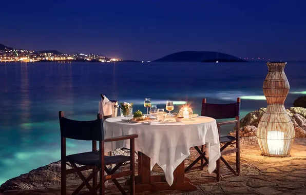 Sea, the city, lights, mood, romance, the evening, candles, Greece