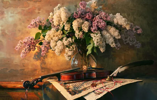 Picture style, pen, violin, bouquet, still life, lilac, Andrey Morozov