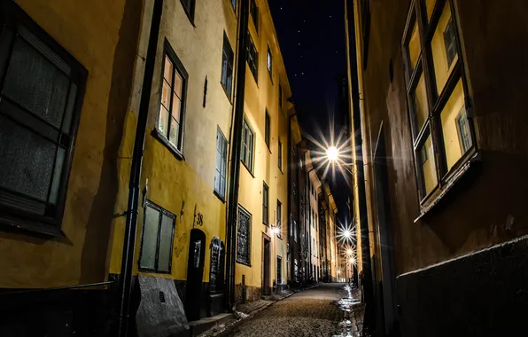 Night, street, lights, Stockholm, Sweden, old town