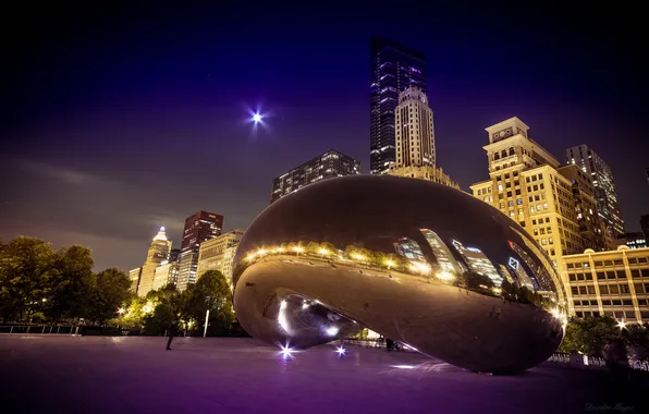 Night, the city, Park, Chicago, monument, Millenium Park, The Bean