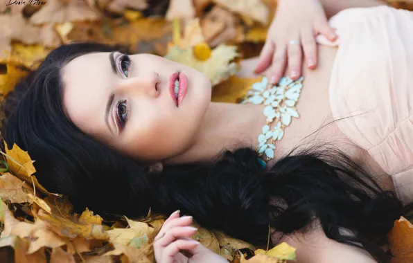 Autumn, girl, foliage, makeup, brunette