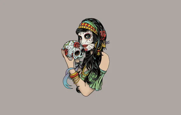 Girl, flowers, rose, skull, minimalism, light background