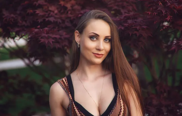 Smile, foliage, portrait, beauty, neckline, long hair, charm, beautiful woman