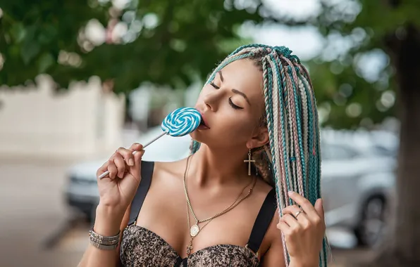 Girl, face, style, braids, Lollipop, candy, closed eyes, Annie