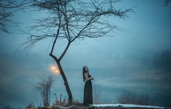 Picture girl, dress, tree, fog, hair, lamps
