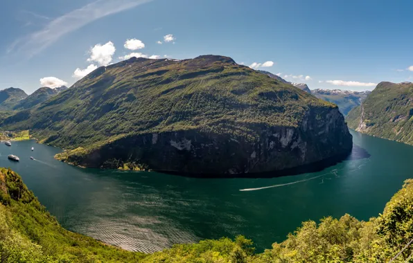 The sky, the sun, clouds, mountains, rocks, ships, Norway, panorama