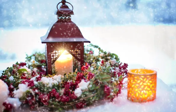 Picture snow, holiday, candles, flashlight, New year, decoration, wreath