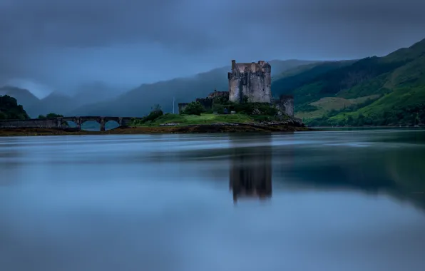 Wallpaper mountains, bridge, fog, reflection, castle, pond, Wallpaper from lolita777