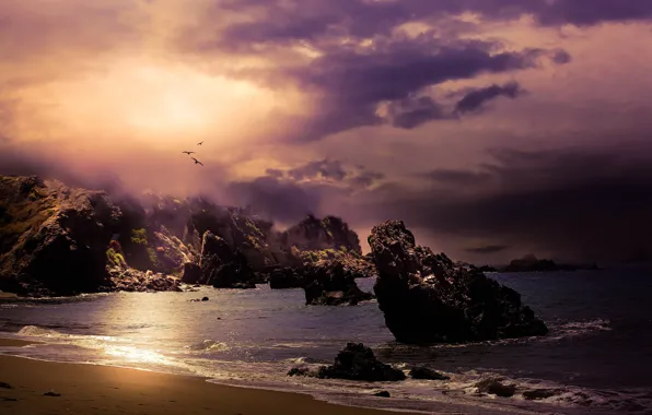 Sea, the sky, birds, clouds, rocks
