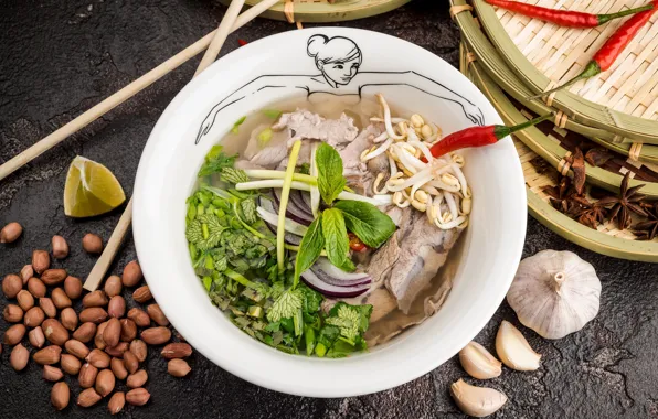 Greens, soup, meat, peanuts, garlic