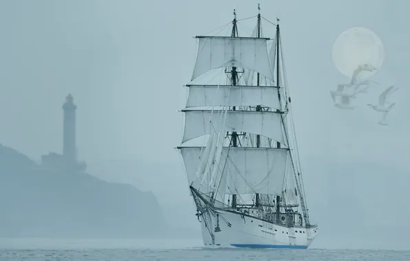 Birds, fog, fantasy, the moon, lighthouse, sailboat