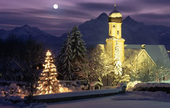 Mountains, night, lights, holiday, new year, Germany, Bayern, Christmas