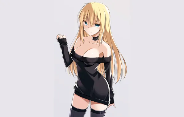 Girl, sexy, cleavage, thighhighs, long hair, dress, boobs, anime
