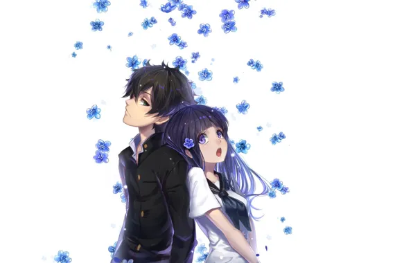 White background, school uniform, art, forget-me-nots, back to back, Hyouk, The Orexin Hotaru, sailor