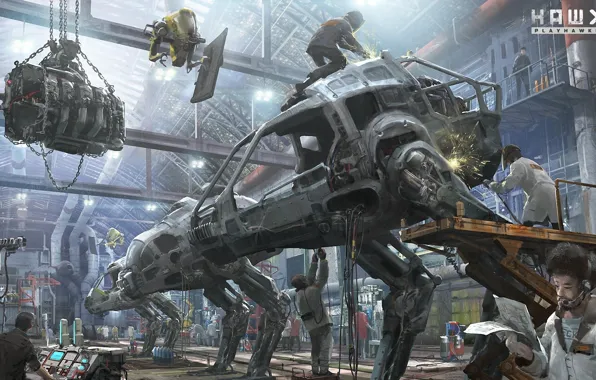 Metal, people, robot, art, hangar, hawken