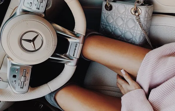 Auto, girl, the wheel, bag, legs, boots, Mersedes, manicure