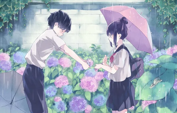 Picture girl, flowers, rain, art, lilac, the young man