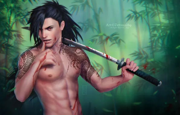 Weapons, blood, katana, anime, art, male, naruto, tattoo