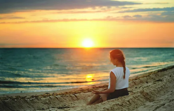 Sand, beach, girl, sunset