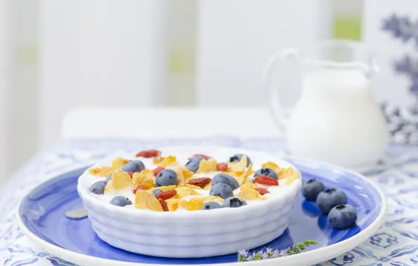 Picture berries, milk, cereal, raisins, summer Breakfast