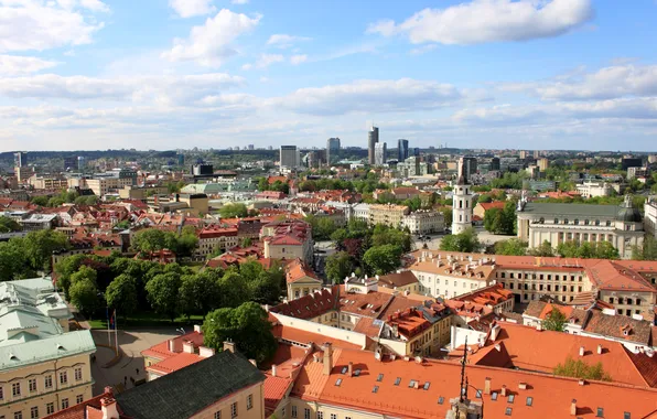 Picture the sky, clouds, home, roof, the view from the top, street, Lithuania, Vilnius