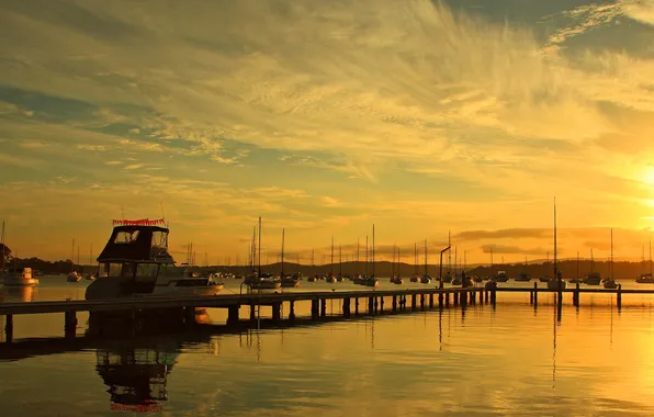 The sky, the sun, clouds, sunset, mountains, lake, yacht, pier