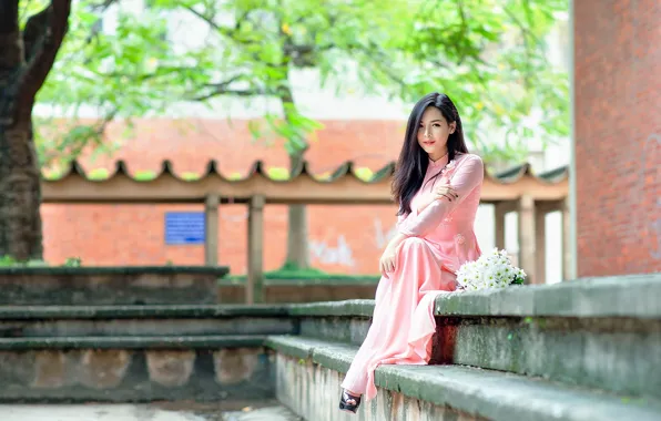 Girl, bouquet, Asian, bokeh
