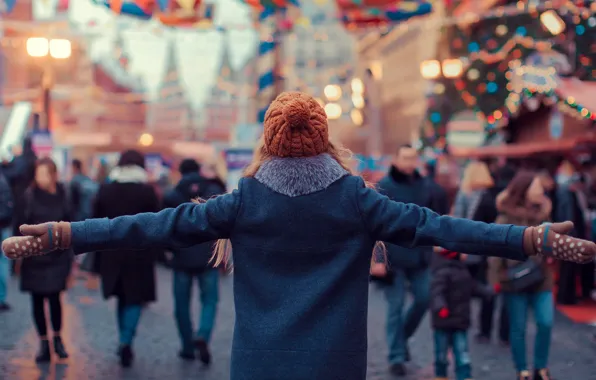 Girl, joy, the city, hat, coat, mittens, Marina Polyanskaya