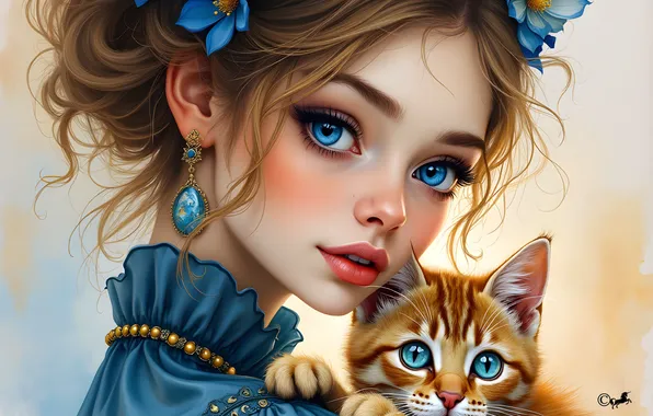 Girl, flowers, cat