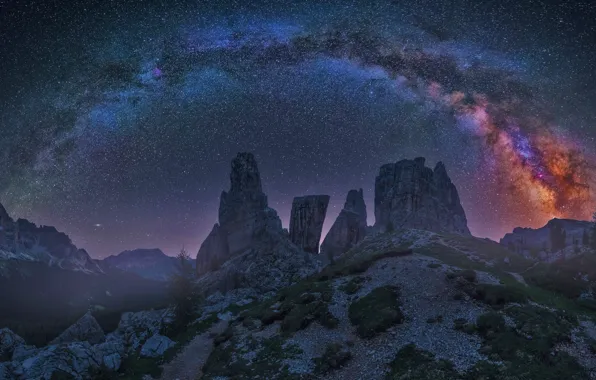 Picture stars, mountains, night, The milky way, Italy, Italy, Milky Way, The Dolomites