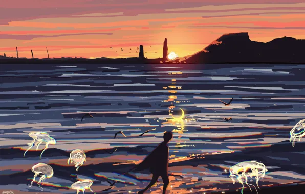 Sea, sunset, surrealism, jellyfish, guy, Crescent, Fangpeii