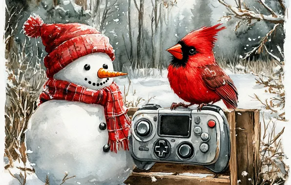 Winter, forest, snow, branches, nature, retro, berries, bird