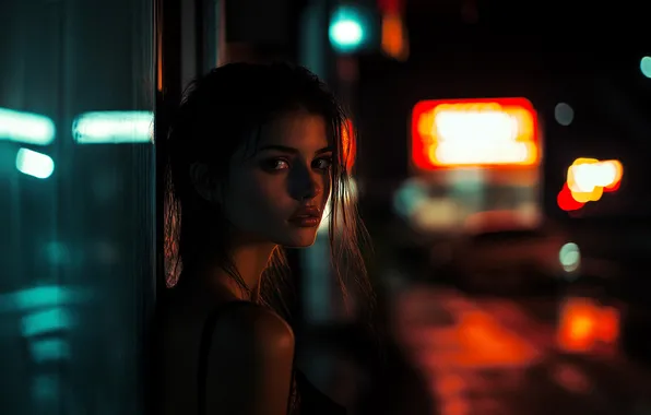 Girl, Model, city lights, street, brunette, reflection, portrait, dark eyes